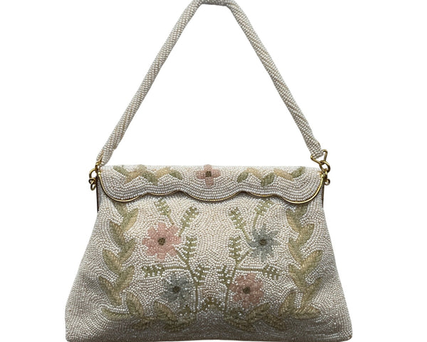 Vintage White Beaded Floral Handbag With Scalloped Edge & Gold Metal Frame