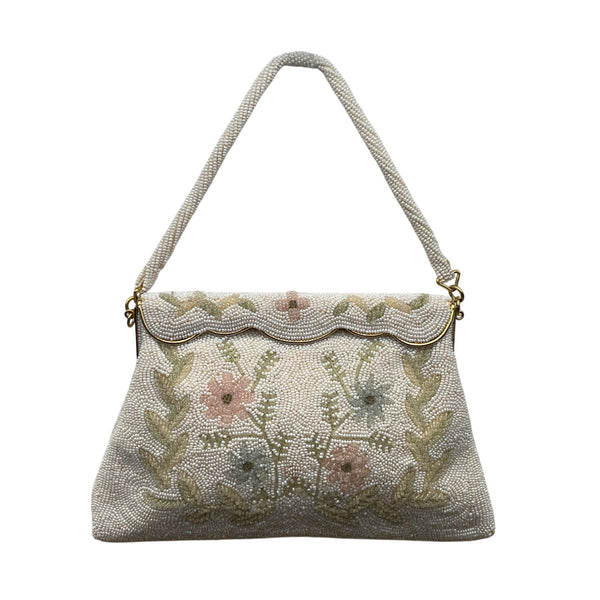 Vintage White Beaded Floral Handbag With Scalloped Edge & Gold Metal Frame