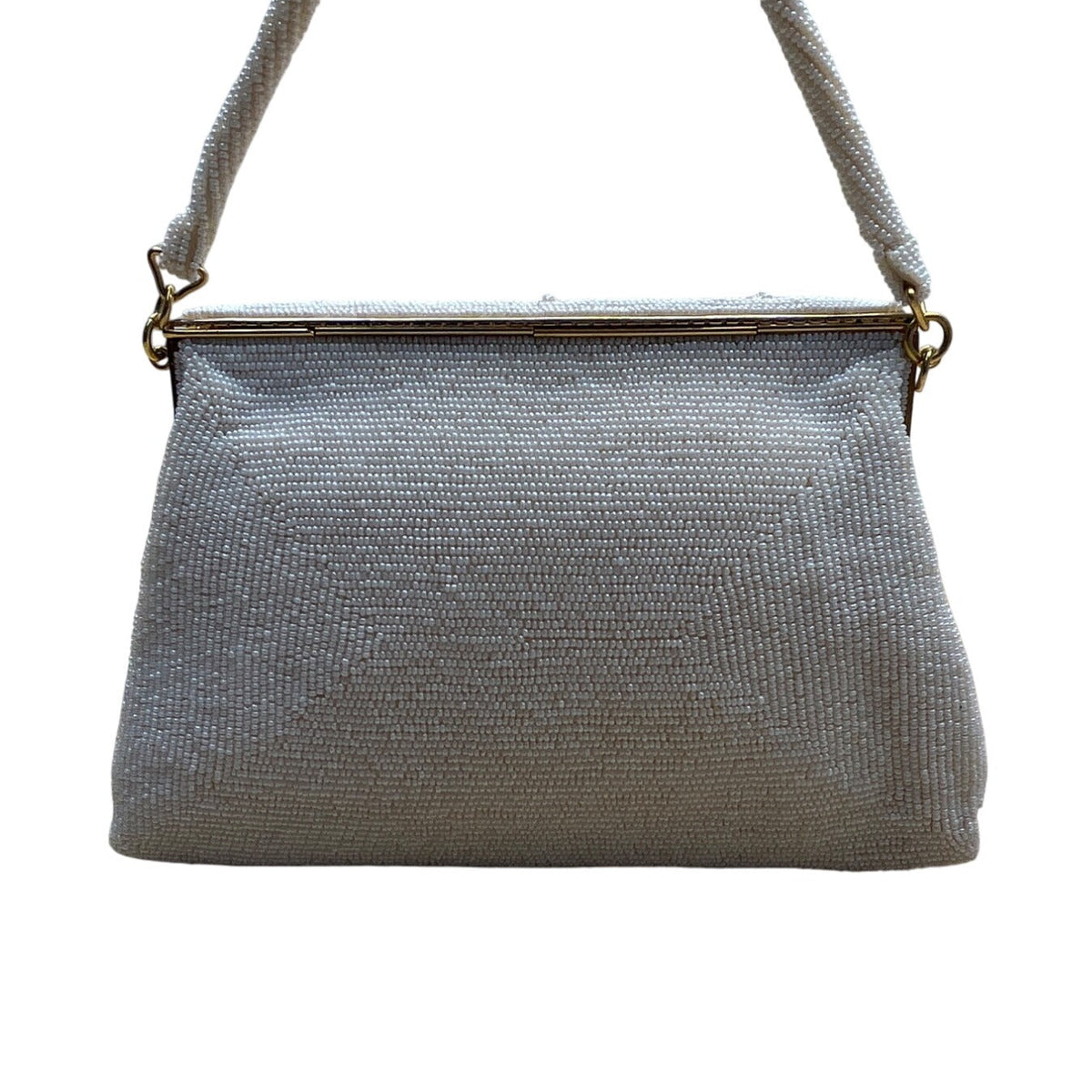 Vintage White Beaded Floral Handbag With Scalloped Edge & Gold Metal Frame