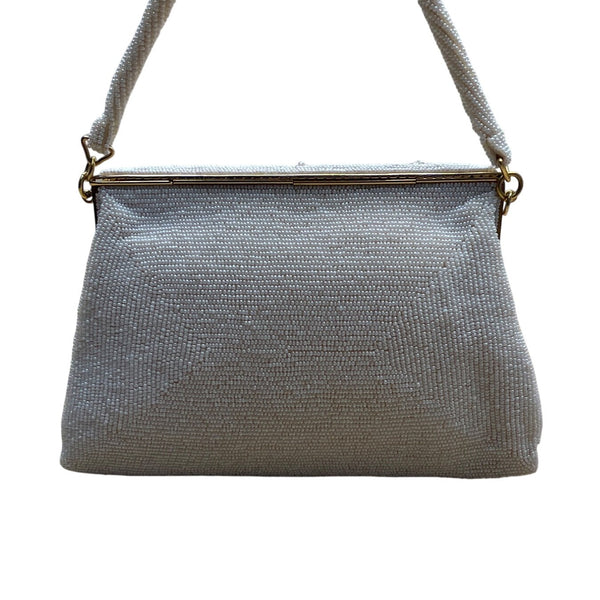 Vintage White Beaded Floral Handbag With Scalloped Edge & Gold Metal Frame