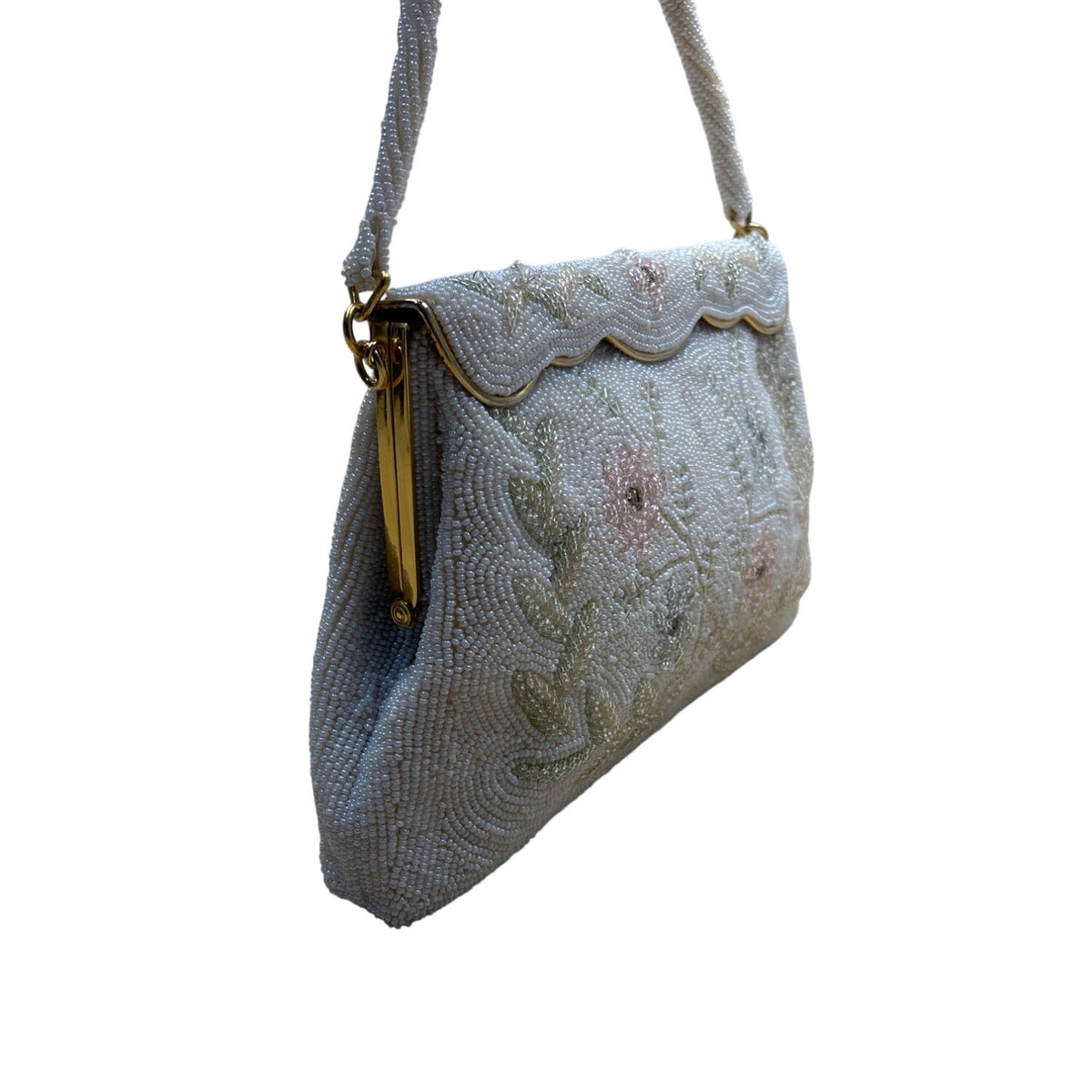 Vintage White Beaded Floral Handbag With Scalloped Edge & Gold Metal Frame