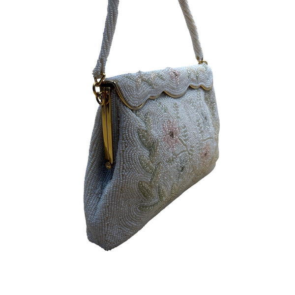 Vintage White Beaded Floral Handbag With Scalloped Edge & Gold Metal Frame