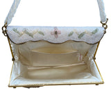 Vintage White Beaded Floral Handbag With Scalloped Edge & Gold Metal Frame