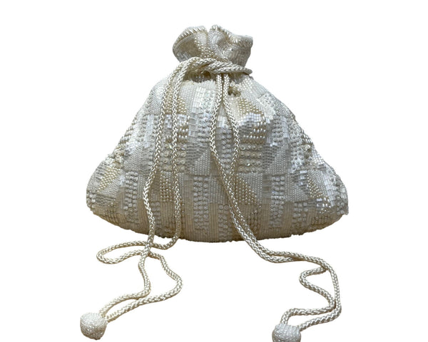Carolyne Barton Women’s Ivory Satin & Beads Drawstring Evening Pouch Bag