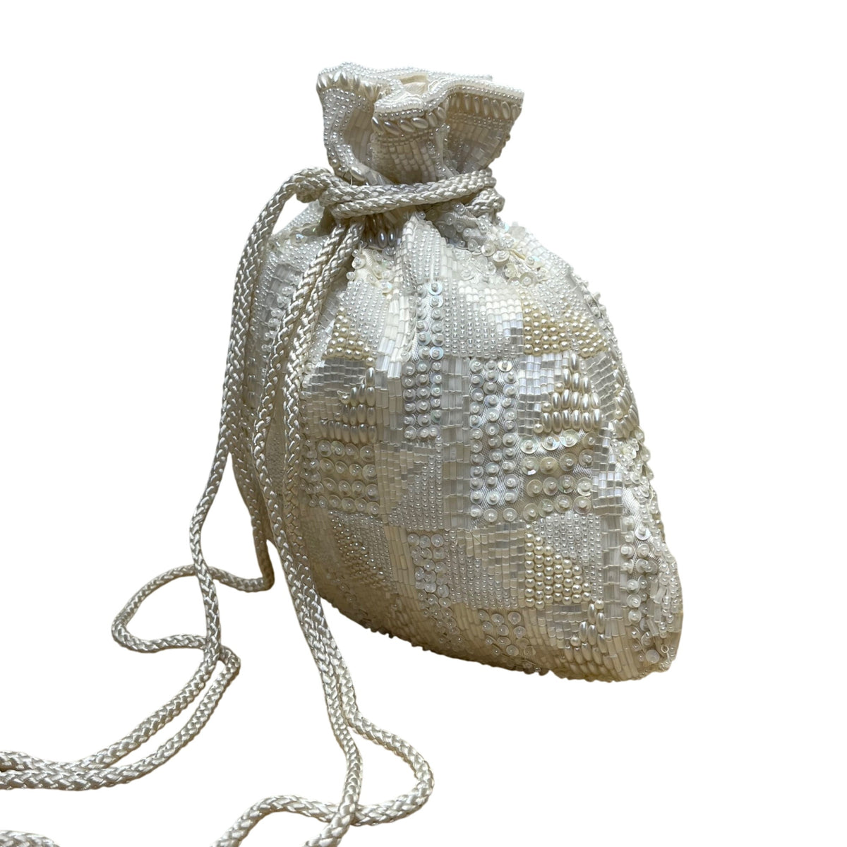 Carolyne Barton Women’s Ivory Satin & Beads Drawstring Evening Pouch Bag