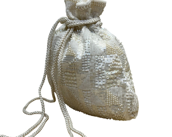 Carolyne Barton Women’s Ivory Satin & Beads Drawstring Evening Pouch Bag