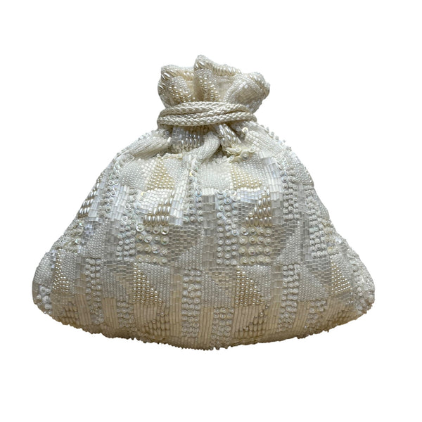 Carolyne Barton Women’s Ivory Satin & Beads Drawstring Evening Pouch Bag