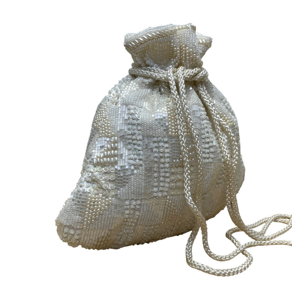 Carolyne Barton Women’s Ivory Satin & Beads Drawstring Evening Pouch Bag