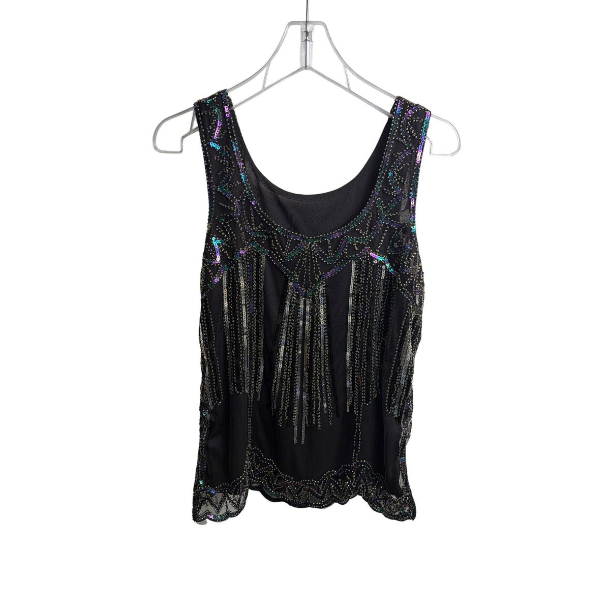 Vintage Womens Black Sequin Fringe Embellished Sheer Tank Top Size OS