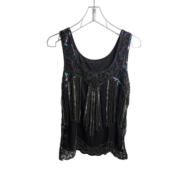 Vintage Womens Black Sequin Fringe Embellished Sheer Tank Top Size OS