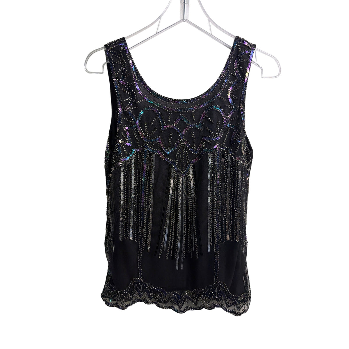 Vintage Womens Black Sequin Fringe Embellished Sheer Tank Top Size OS