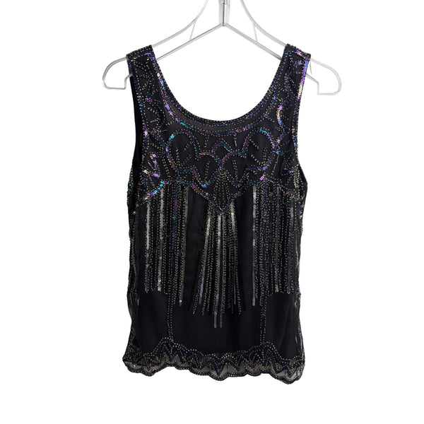 Vintage Womens Black Sequin Fringe Embellished Sheer Tank Top Size OS