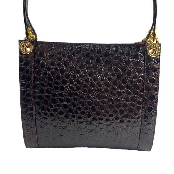 Salvatore Ferragamo Women's Brown Gold Croc Embossed Leather Shoulder Bag Sz M