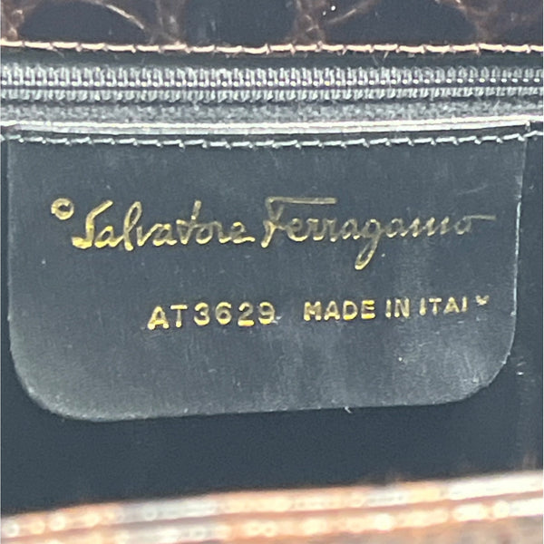 Salvatore Ferragamo Women's Brown Gold Croc Embossed Leather Shoulder Bag Sz M