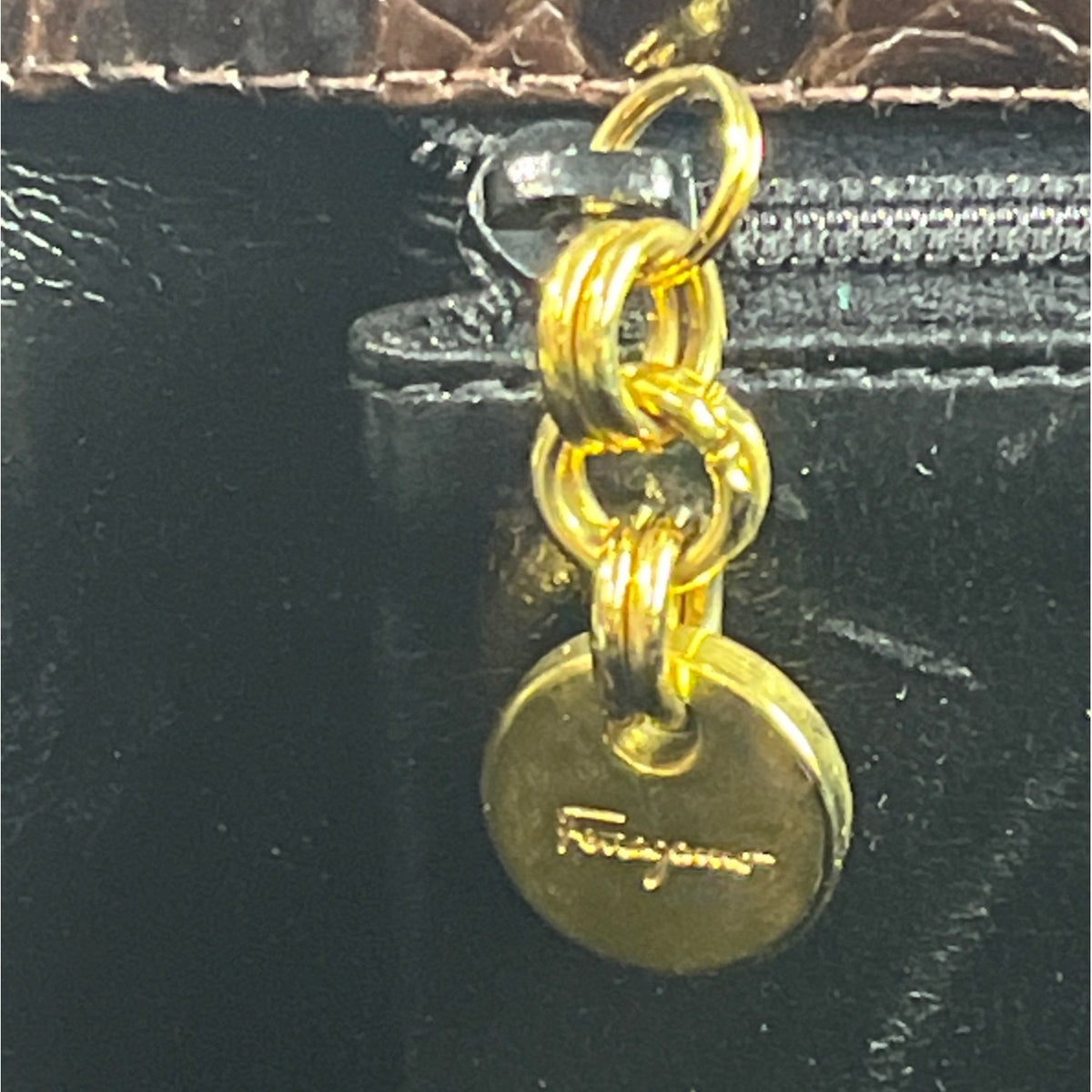 Salvatore Ferragamo Women's Brown Gold Croc Embossed Leather Shoulder Bag Sz M