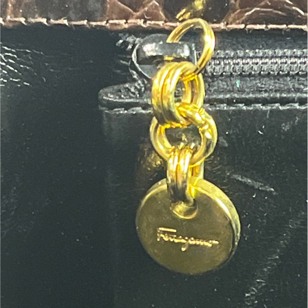 Salvatore Ferragamo Women's Brown Gold Croc Embossed Leather Shoulder Bag Sz M