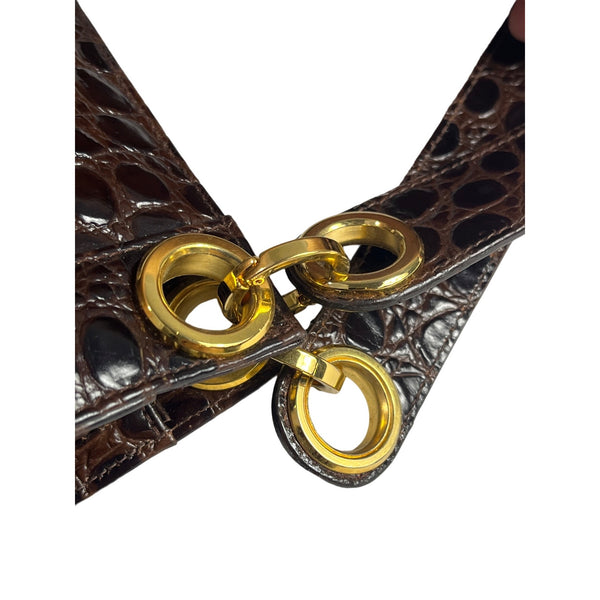 Salvatore Ferragamo Women's Brown Gold Croc Embossed Leather Shoulder Bag Sz M