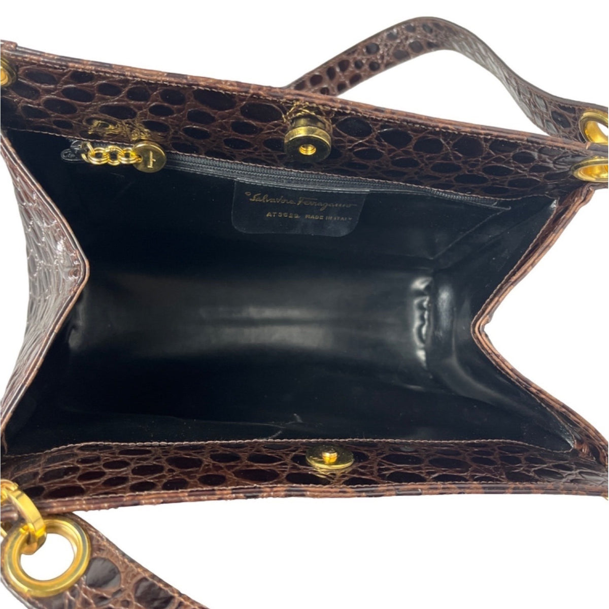 Salvatore Ferragamo Women's Brown Gold Croc Embossed Leather Shoulder Bag Sz M