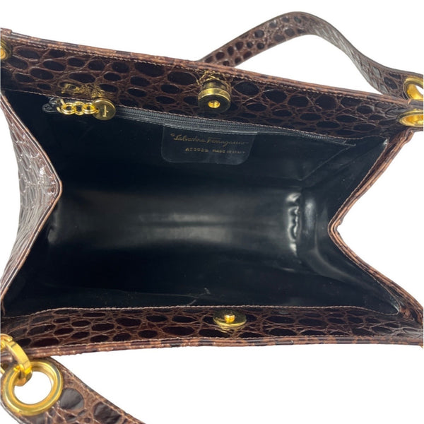 Salvatore Ferragamo Women's Brown Gold Croc Embossed Leather Shoulder Bag Sz M