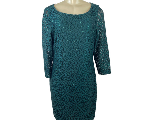 Jessica Howard Teal Sequin Lace Sheath Dress Scoop Neck 3/4 Sleeve Size 16