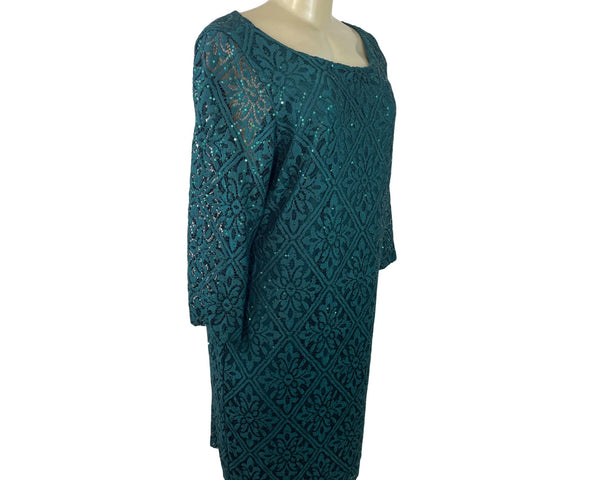 Jessica Howard Teal Sequin Lace Sheath Dress Scoop Neck 3/4 Sleeve Size 16