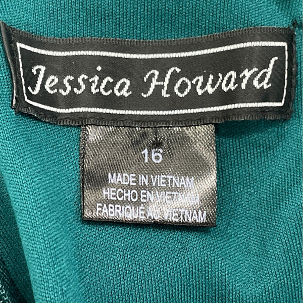 Jessica Howard Teal Sequin Lace Sheath Dress Scoop Neck 3/4 Sleeve Size 16