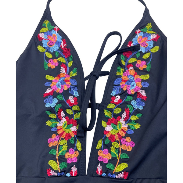 La Blanca Women’s Black Floral Embroidered Halter Swimsuit One Piece Size 12