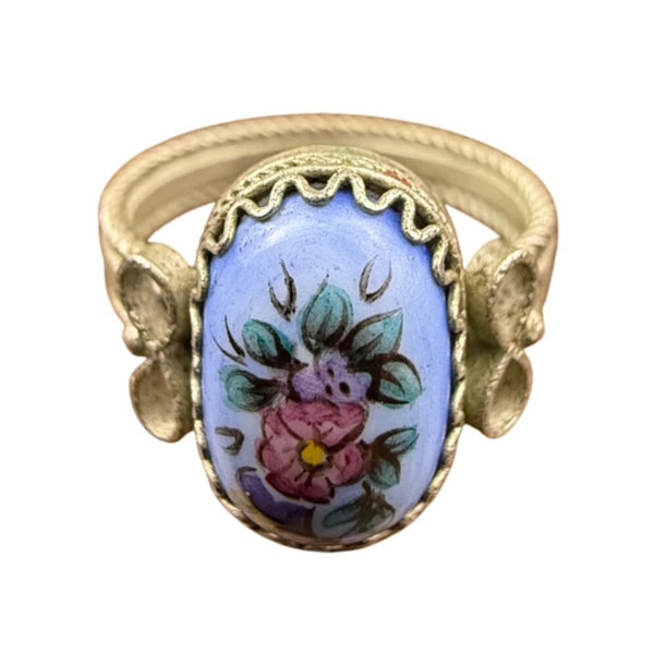 Vintage Floral Enamel Silver Tone Ring  Oval Design Hand-Painted Detailing Size 7