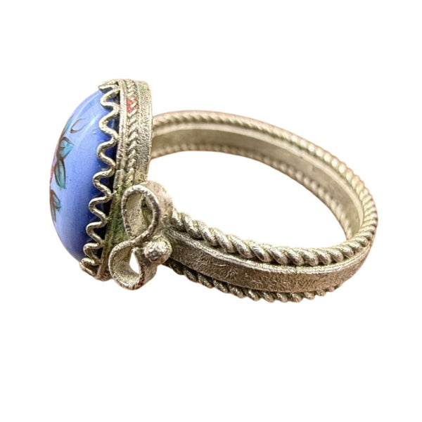 Vintage Floral Enamel Silver Tone Ring  Oval Design Hand-Painted Detailing Size 7