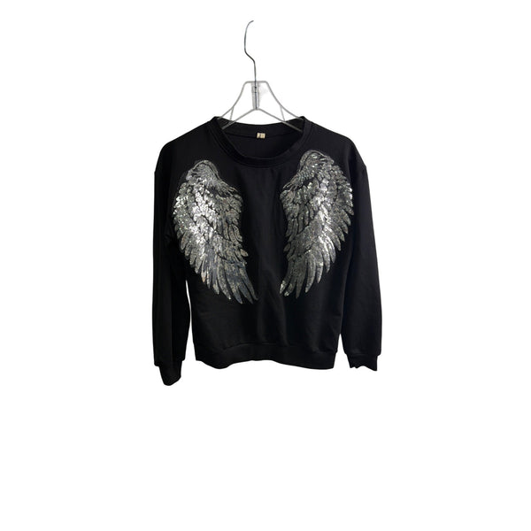 Black Womens Sequin Angel Wing Sweatshirt Cotton Blend Crewneck Pullover OS Black Womens Sequin Angel Wing Sweatshirt Cotton Blend Crewneck Pullover OS