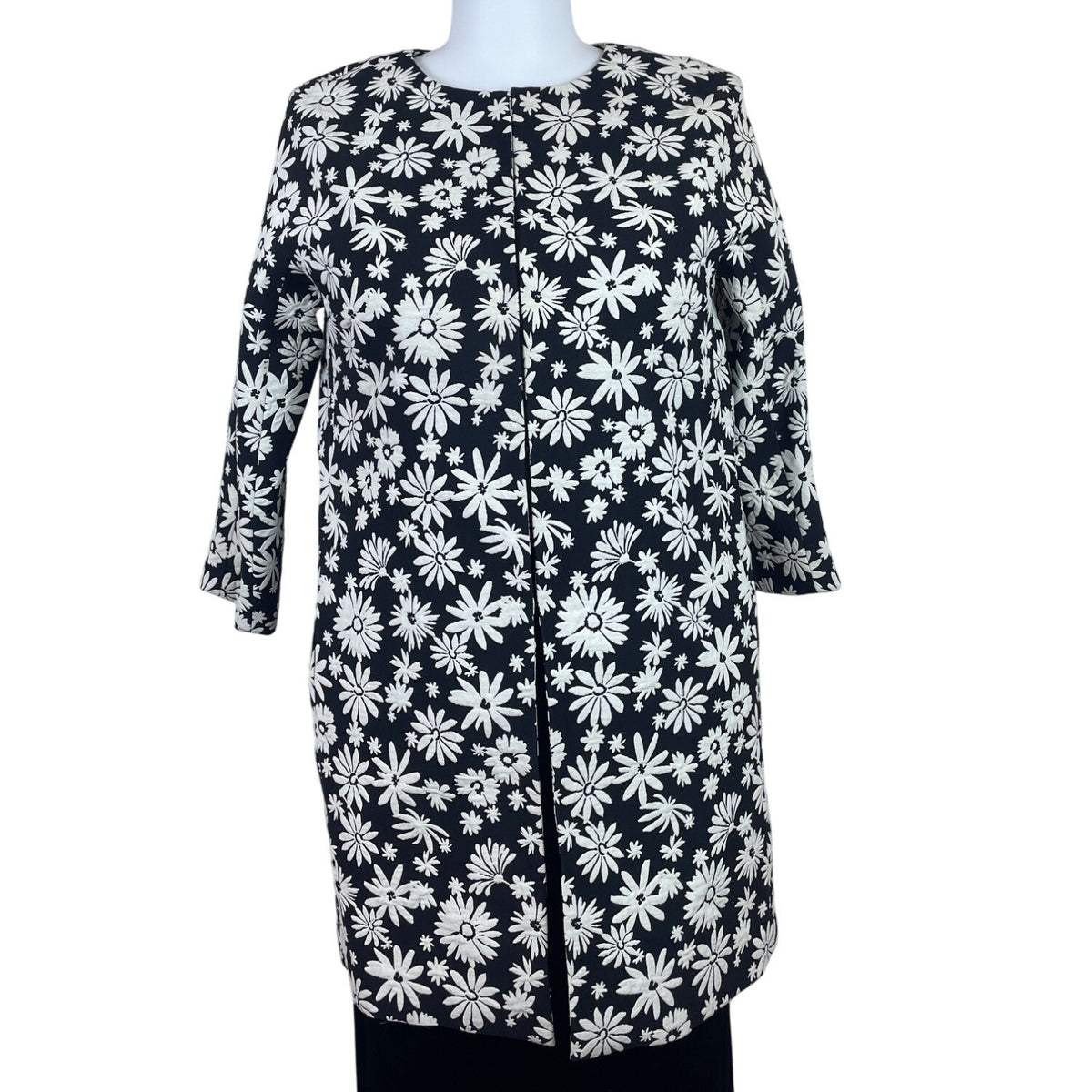 TalbotsBlack & White Floral Womens Open Front Jacket Oversized Cotton Blend Sz L