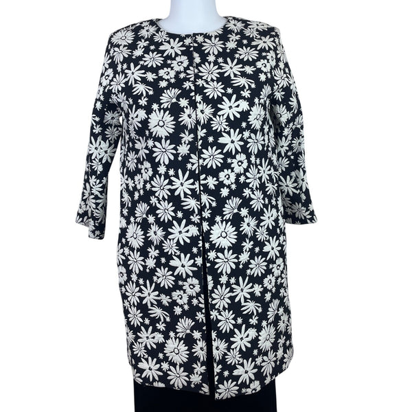 TalbotsBlack & White Floral Womens Open Front Jacket Oversized Cotton Blend Sz L