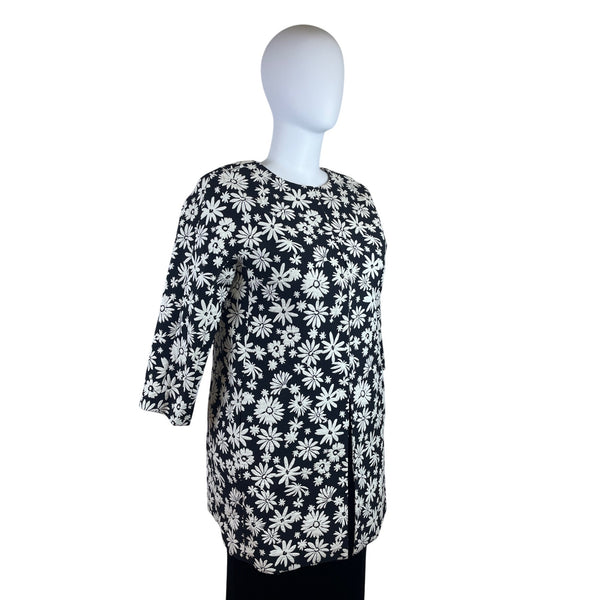 TalbotsBlack & White Floral Womens Open Front Jacket Oversized Cotton Blend Sz L