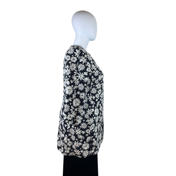 TalbotsBlack & White Floral Womens Open Front Jacket Oversized Cotton Blend Sz L