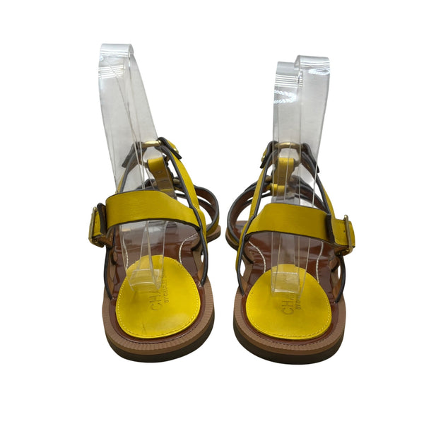 Charles David Yellow/Brown Leather Adjustable Strappy Sandals Sz 10M - New