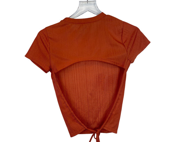 Forever 21 Womens Rust Orange Ribbed Knit Open-Back Tie Detail Crop Top Size M