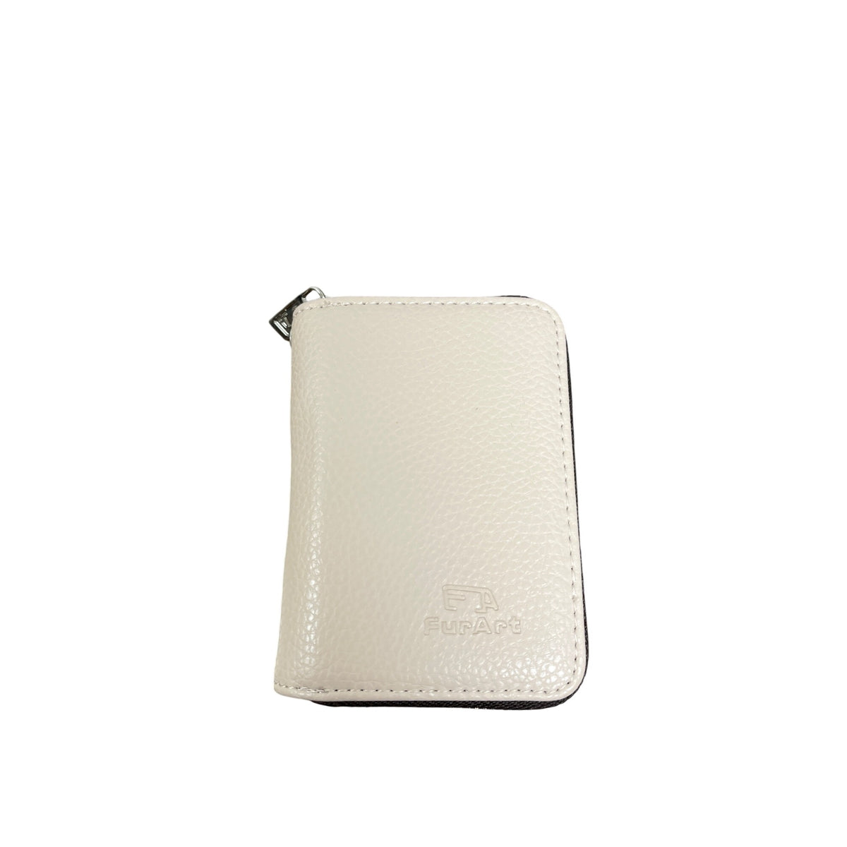 FurArt Unisex Beige Leather Zipper Card Holder Wallet With Keychain Attachment Compact Design