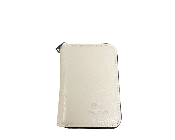 FurArt Unisex Beige Leather Zipper Card Holder Wallet With Keychain Attachment Compact Design
