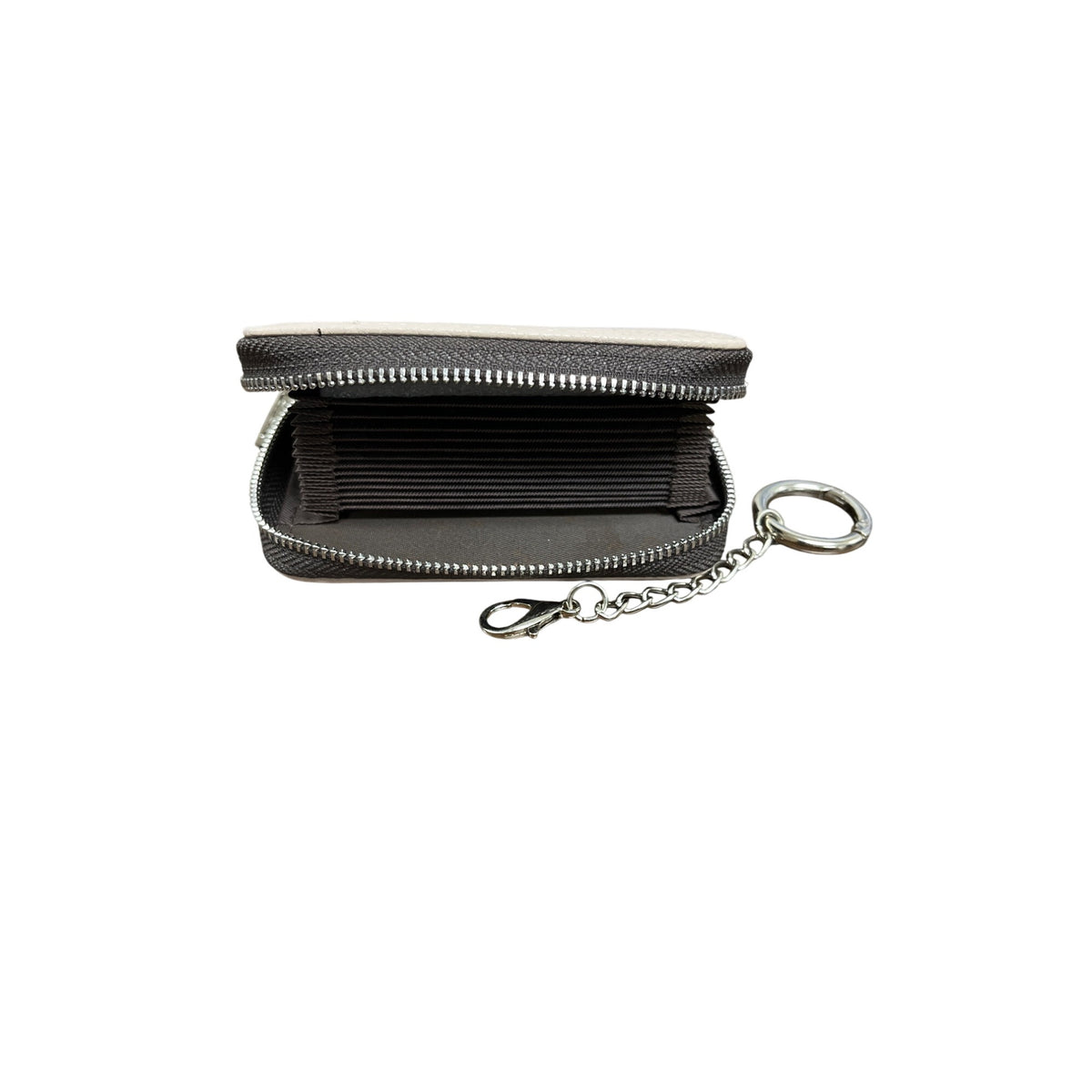FurArt Unisex Beige Leather Zipper Card Holder Wallet With Keychain Attachment Compact Design