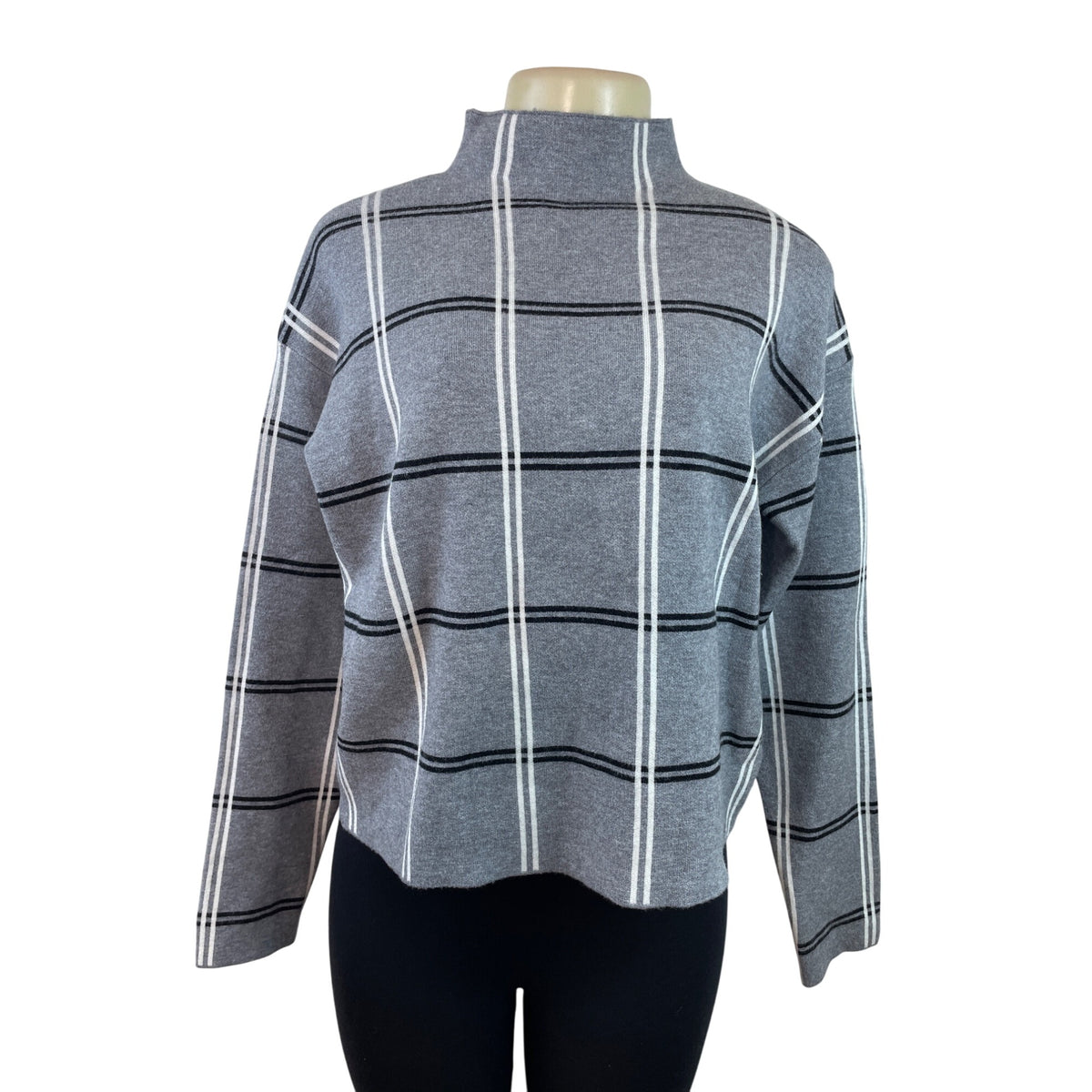 Max Studio Gray & White Plaid Mock Neck Long Sleeve Sweater Women's Size L