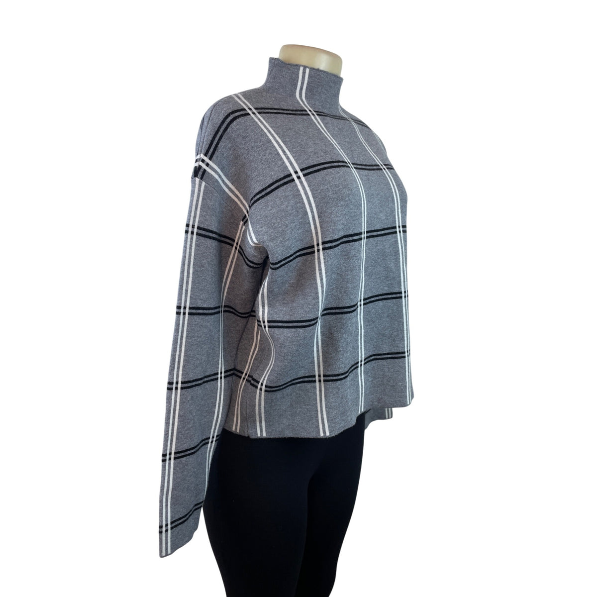 Max Studio Gray & White Plaid Mock Neck Long Sleeve Sweater Women's Size L