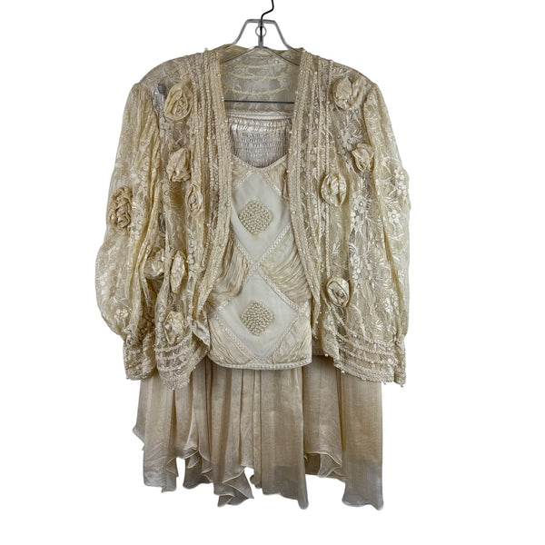 Shalite Womens Cream Lace Beaded Jacket & Ruffle Dress Set 100% Viscose Italy OS
