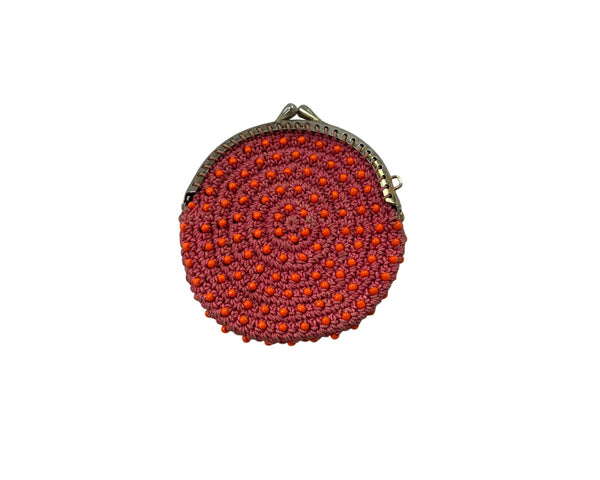 Handcrafted Womens Red Beaded Crochet Coin Purse Metal Clasp Round Design Small