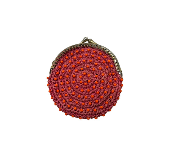 Handcrafted Womens Red Beaded Crochet Coin Purse Metal Clasp Round Design Small