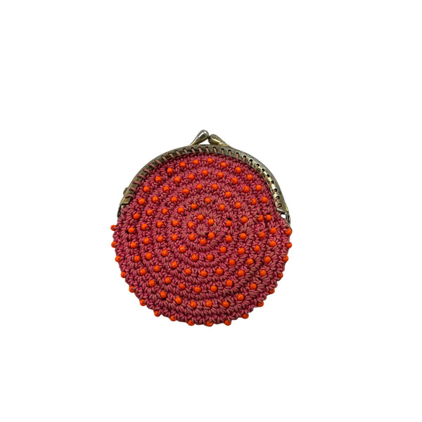 Handcrafted Womens Red Beaded Crochet Coin Purse Metal Clasp Round Design Small