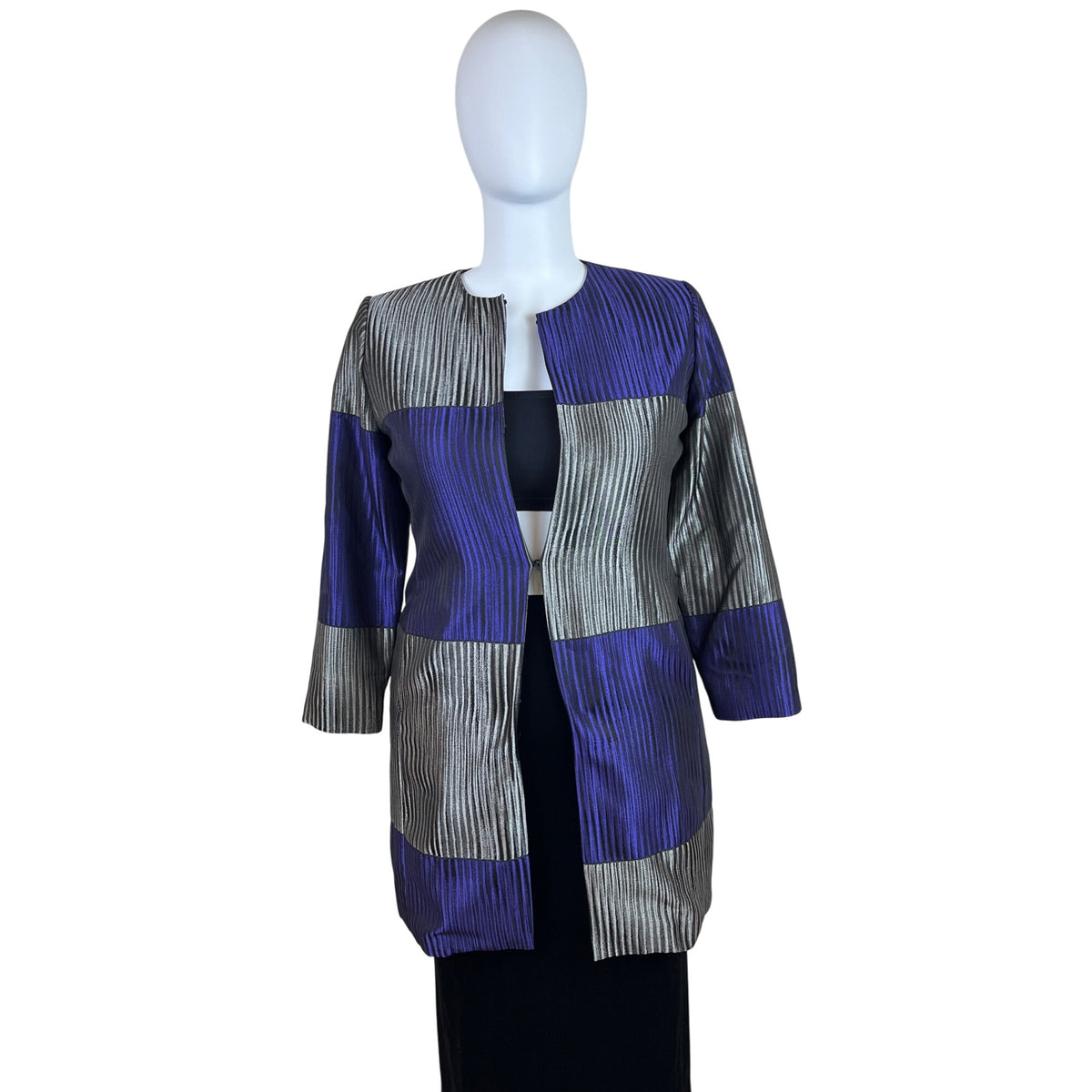 Chico’s Purple & Silver Colorblock Women's Open Front Jacket 3/4 Sleeve Size 2