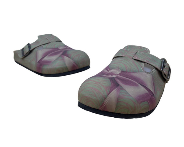 Goby Womens Green & Purple Bow Print Adjustable Buckle Slip-On Clogs Size 38
