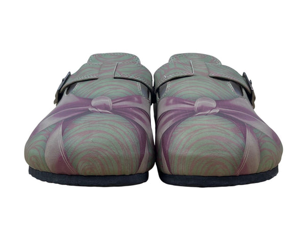 Goby Womens Green & Purple Bow Print Adjustable Buckle Slip-On Clogs Size 38