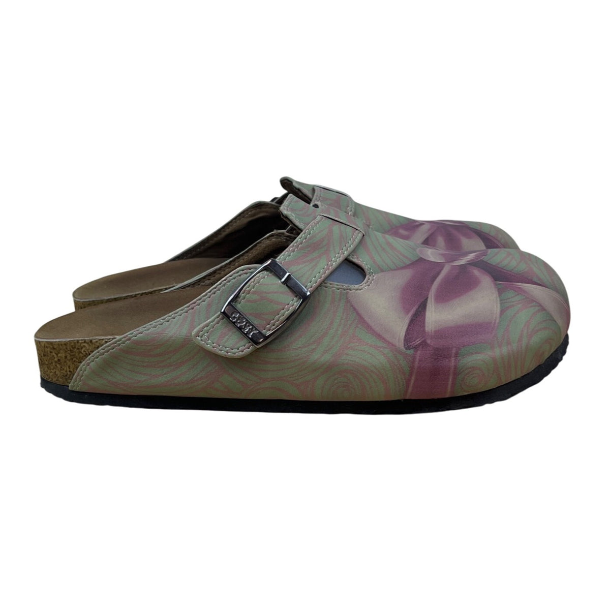 Goby Womens Green & Purple Bow Print Adjustable Buckle Slip-On Clogs Size 38