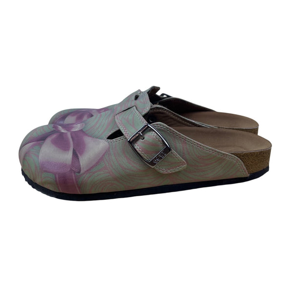 Goby Womens Green & Purple Bow Print Adjustable Buckle Slip-On Clogs Size 38